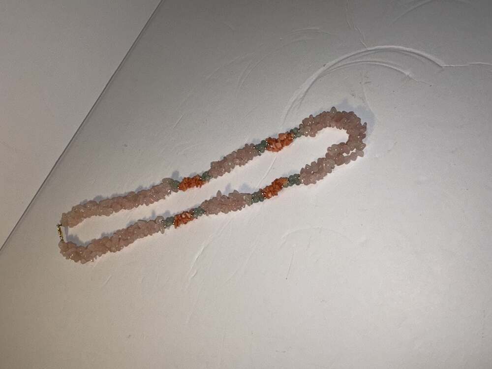 Vintage Coral Chip, Rose Quartz, and Jade Beaded Multi-Strand Twist Necklace